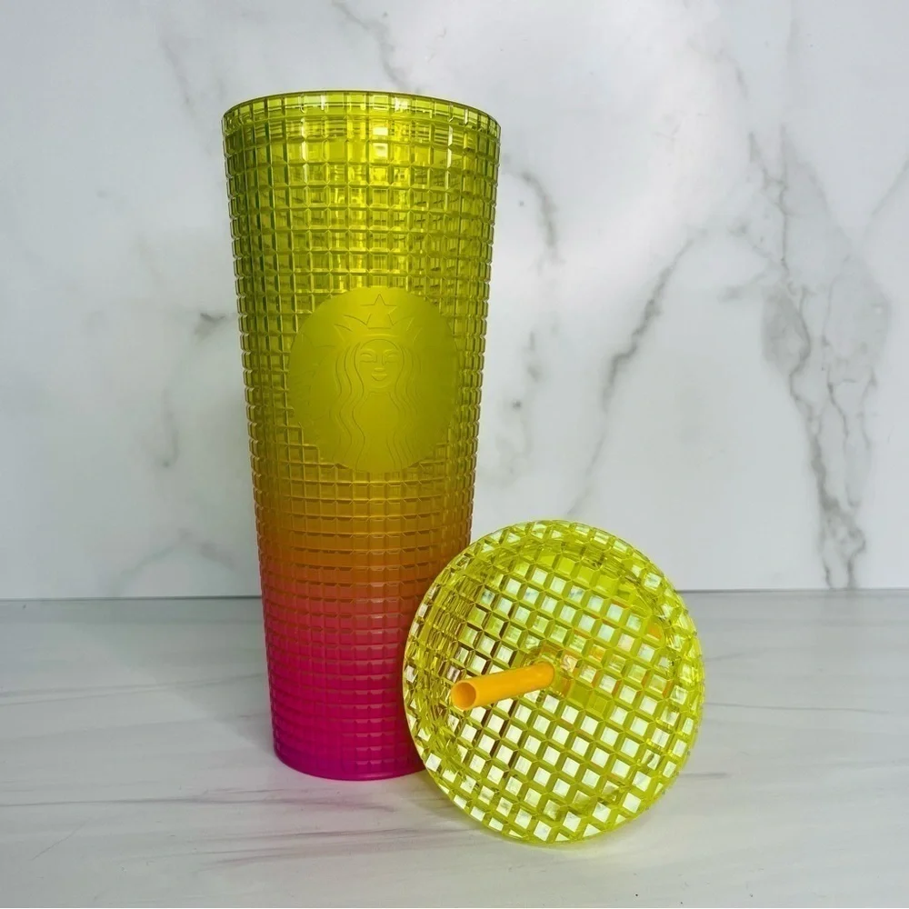 Starbucks Summer 2022 Lemon Yellow Pink Gradient Ombre Grid 24oz Venti Tumbler
